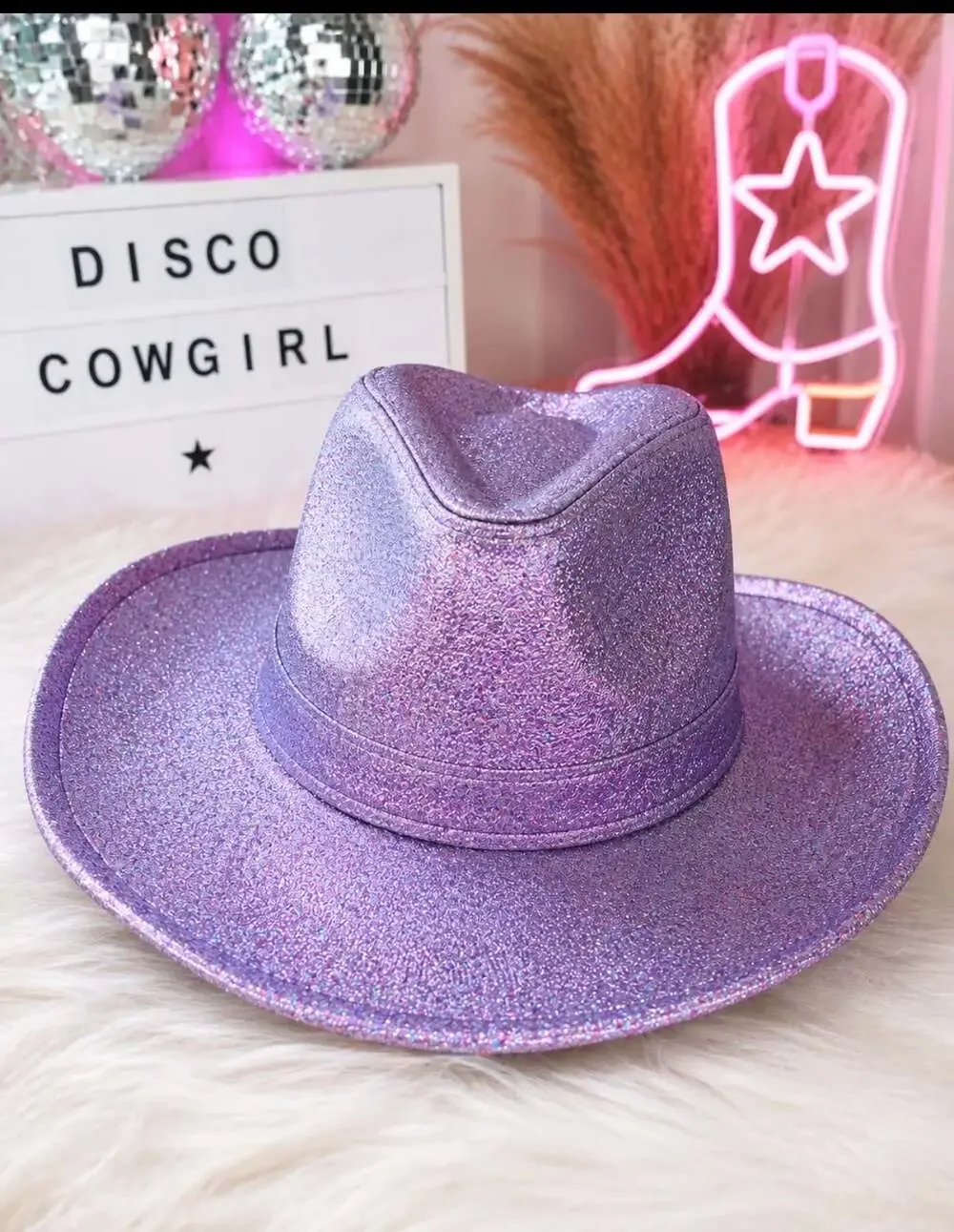 Justice Purple Glitter Cowboy Hat Wire Brim Disco Cowgirl Festival